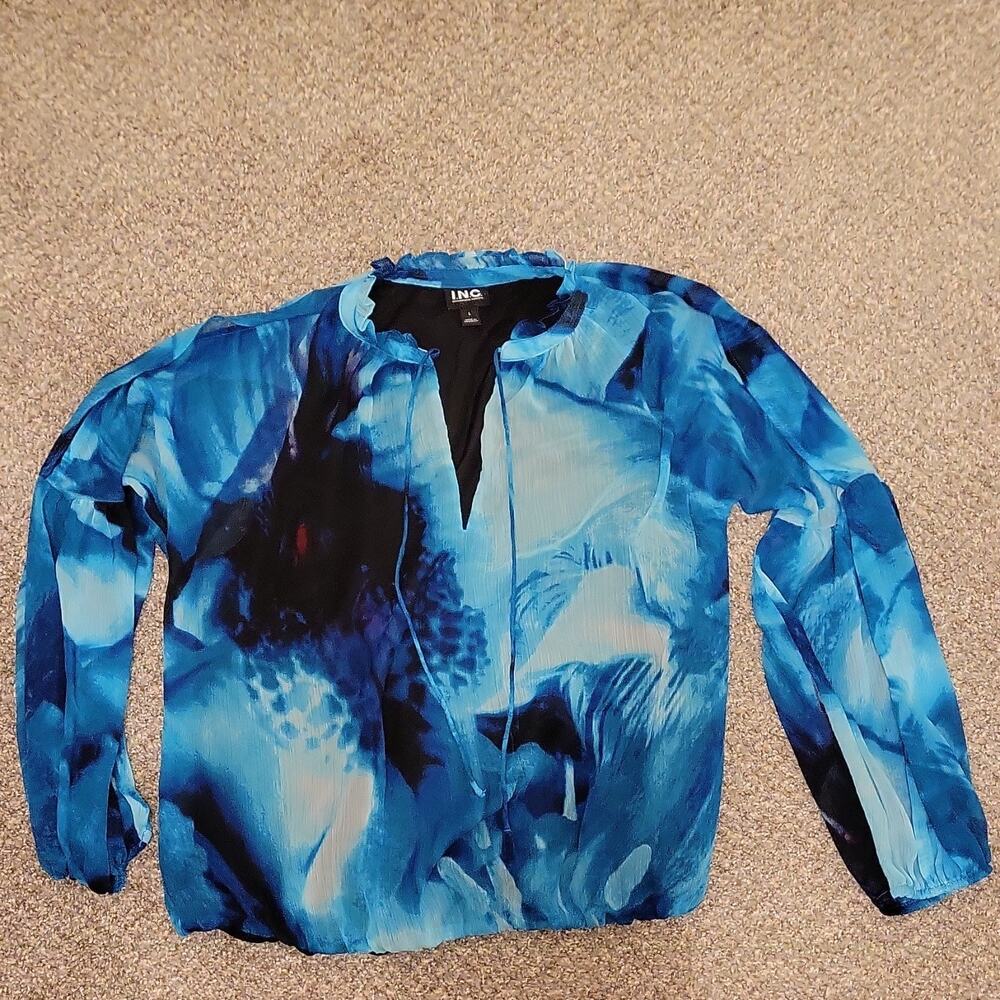 INC International Concepts Women's L Blue Black Abstract Chiffon Long Sleeve